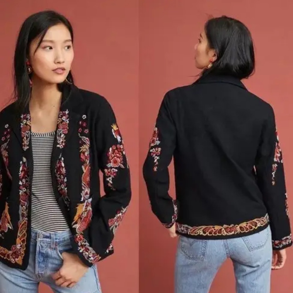 Anthropologie Maeve Size 6 Ellen Boho Black Cotton Embroidered Blazer Jacket